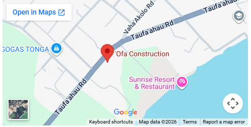 Google Maps screenshot marking ʻOfa Construction on Taufaʻahau Road, Tofoa, Tongatapu